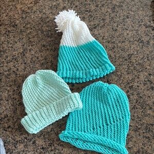 Kids Knitted Beanie Set - Teal, Mint, and White